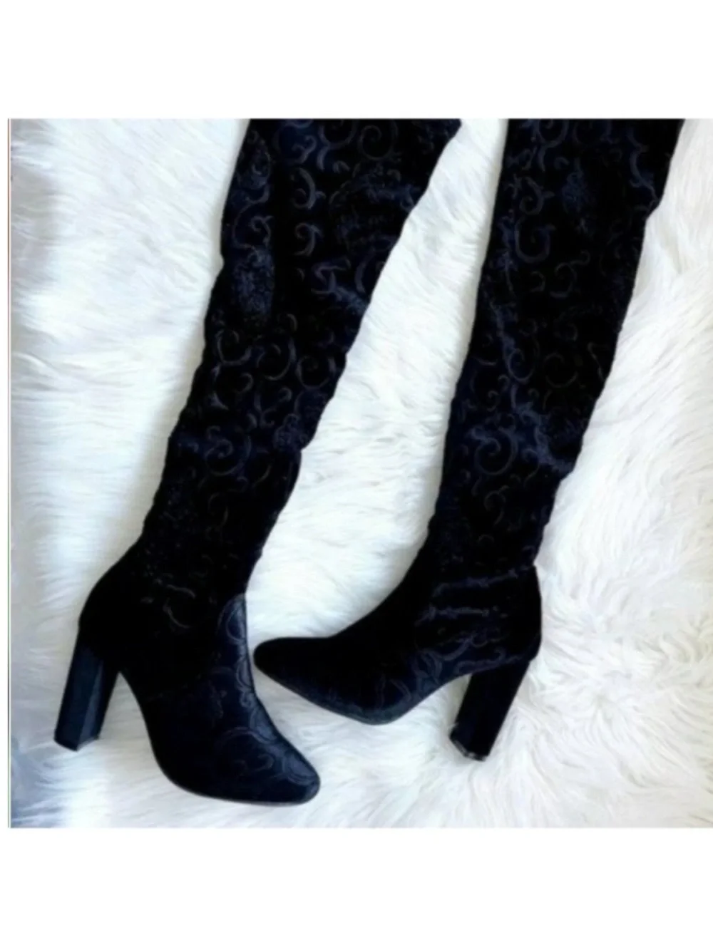 Black embroidered over the knee boots chunky block heel velvet